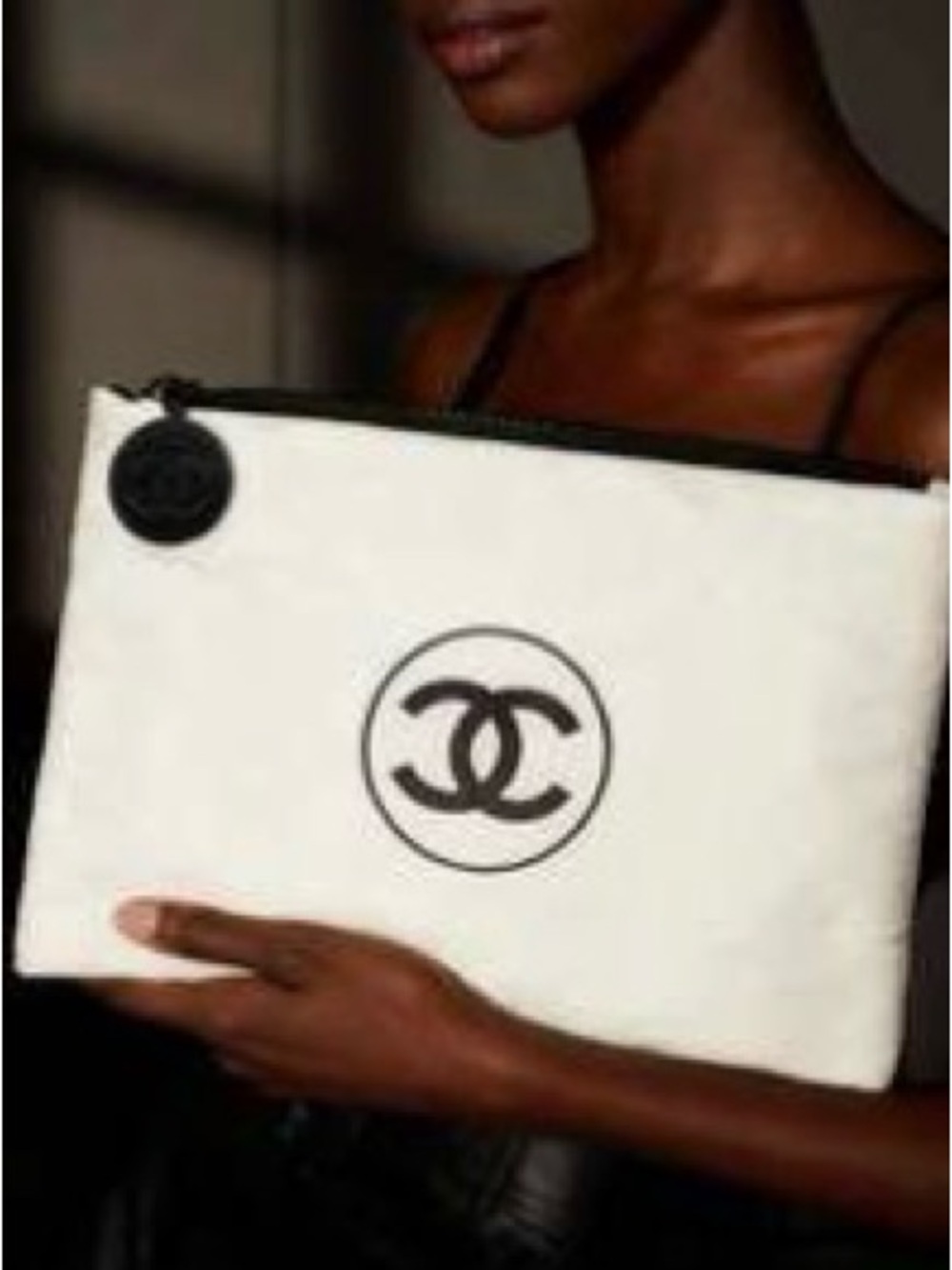 CHANEL White and Black CC Logo Pouch Wristlet